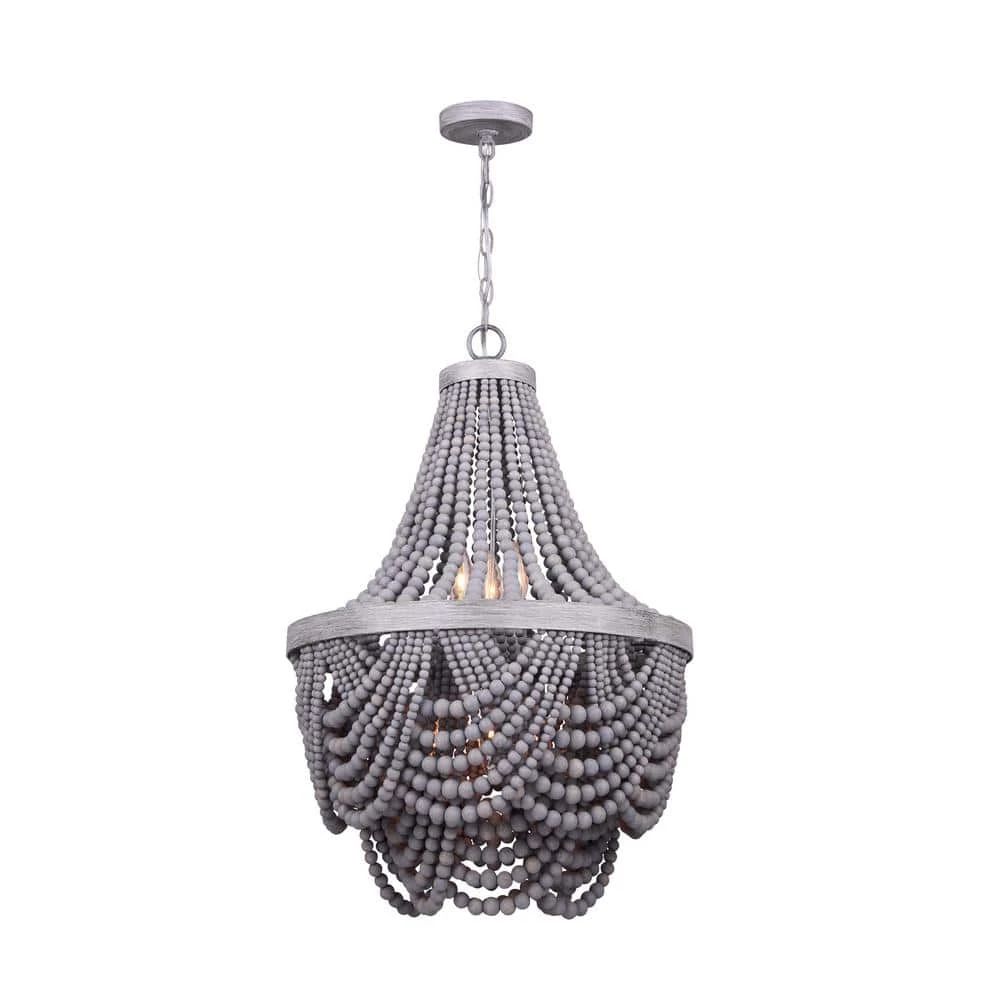 Kipling 6-Light Brushed Grey Chandelier with Real Wood Beads by CANARM 1 Kipling 6-Light Brushed Grey Chandelier with Real Wood Beads by CANARM