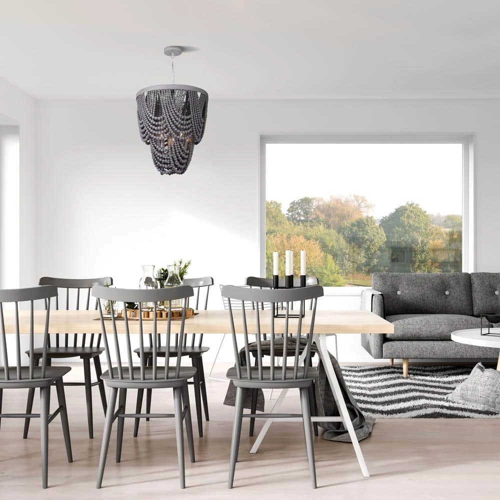 Leora 5-Light Brushed Grey Chandelier with Grey Real Wood Beads by CANARM 4 Leora 5-Light Brushed Grey Chandelier with Grey Real Wood Beads by CANARM - Image 4