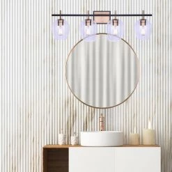 Cain 33.75 in. 4-Light Gold and Matte Black Vanity Light with Clear Glass Shade by CANARM -HINKLEY || CANARM Shop gold and matte black canarm vanity lighting ivl1019a04bkg 1f 1000