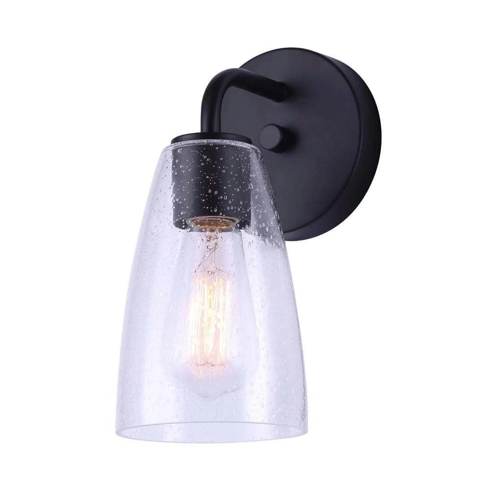 Kona 5 in. Matte Black Sconce with Seeded Glass Shade by CANARM 1 Kona 5 in. Matte Black Sconce with Seeded Glass Shade by CANARM